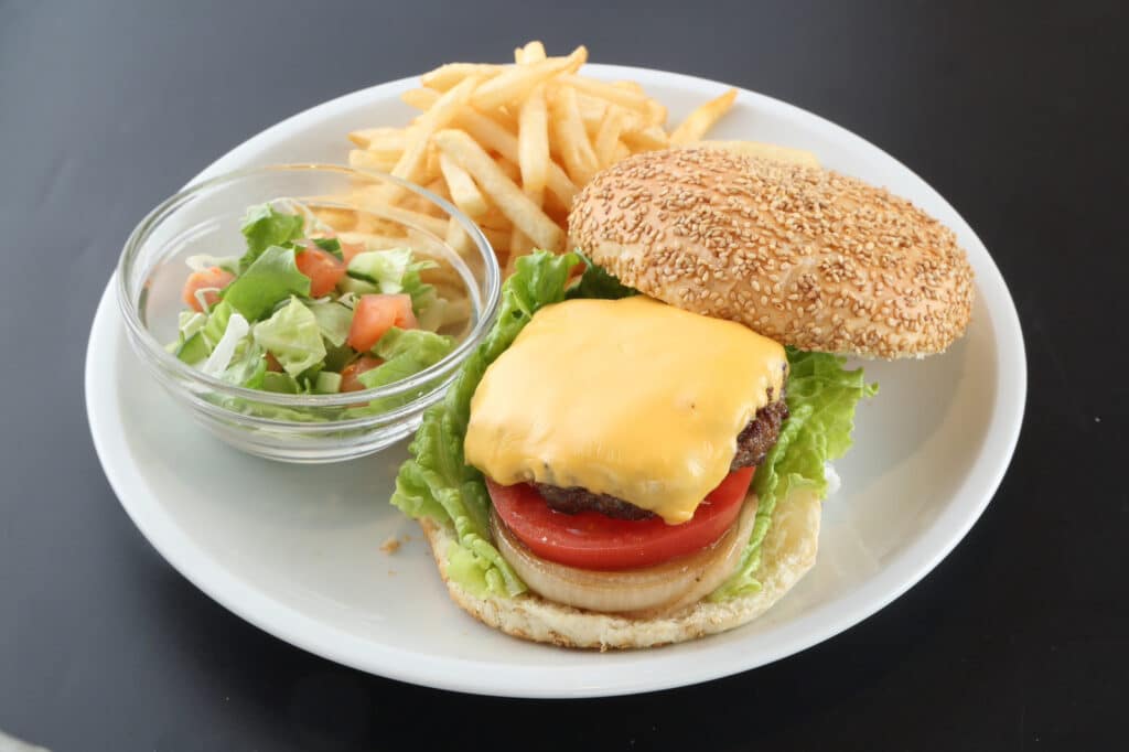 a burger and fries on a plate